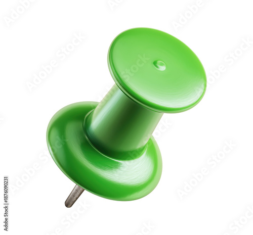 Green thumbtack push pin at angle, isolated on transparent background
