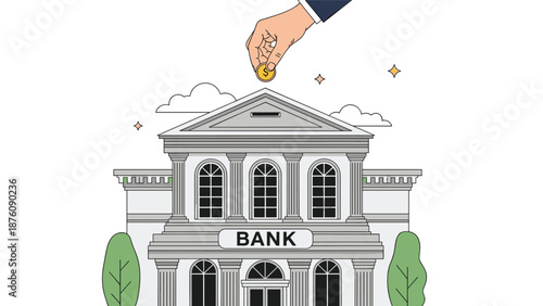 Human hand inserting a gold coin into a classic bank building showing savings, investment, and financial stability for future planning.