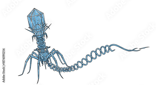 Scientific illustration of a bacteriophage virus with a crystal head and tail fibers showcasing microbiology and complex biological structures for research.