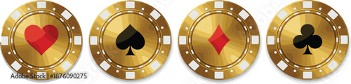 Golden Casino Poker Chip Vector Set with Playing Card Suit Symbols Hearts, Spades, Diamonds, and Clubs