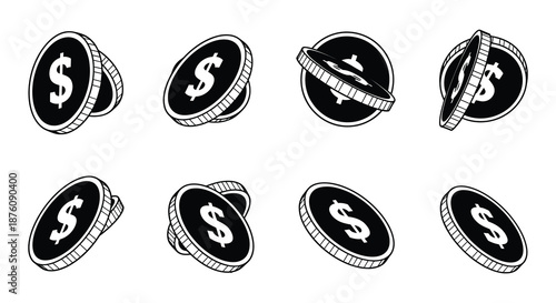 Black and white illustration of various coin positions with dollar signs