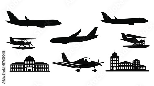 Collection of airplane and building silhouettes on white background
