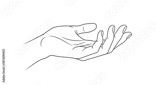 Detailed line drawing of an open human hand in a relaxed gesture perfect for medical anatomy or general communication and help themes.
