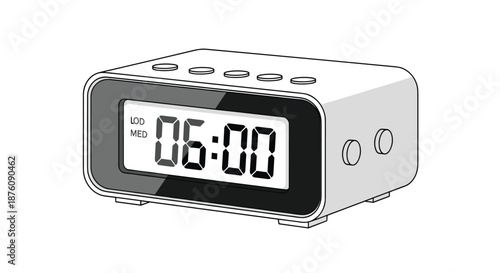 Modern digital alarm clock showing six oclock in a clean line art style for time management home decor and morning routine themes.