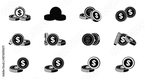 Black and white illustration of various coin positions with dollar signs