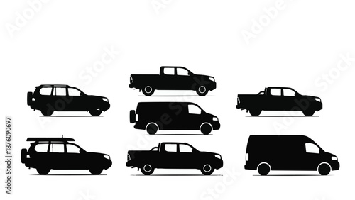 Silhouettes of various vehicles on white background