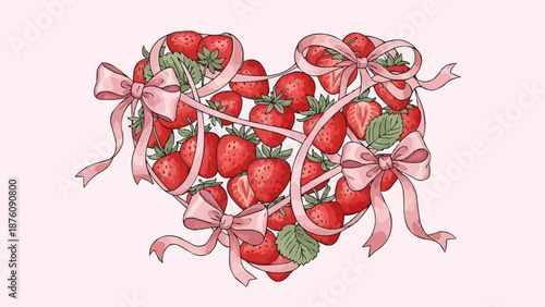 Heart Shape Arrangement of Fresh Strawberries with Pink Ribbons.