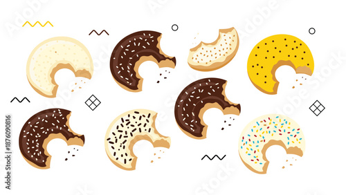 Variety of partially eaten donuts with different glazes and toppings scattered across a white background with abstract colorful shapes.