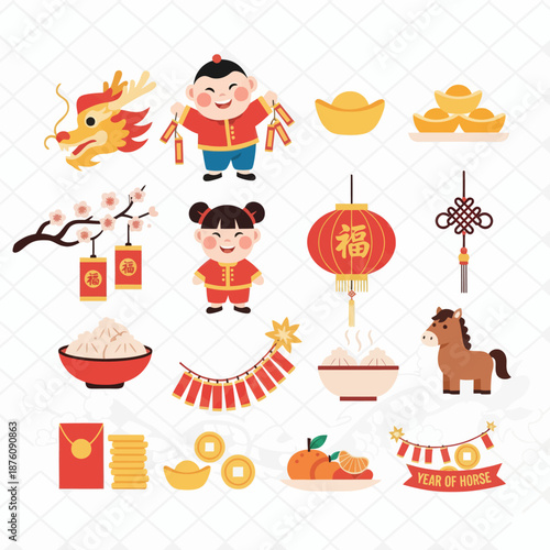 Vibrant collection of Chinese New Year celebration elements and traditional cultural symbols.