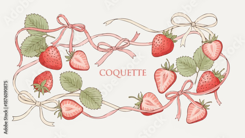 Fresh Strawberries with Ribbons and Bows Illustration.