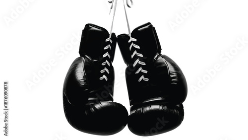 Black boxing gloves hanging from white ropes on plain background
