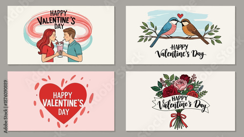 Four distinct illustrations celebrating Valentine's Day, featuring couples, birds, a heart, and a floral bouquet, all with "Happy Valentine's Day" text.
