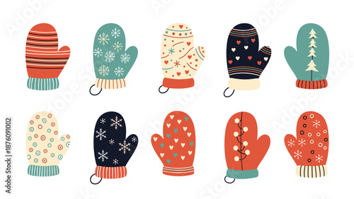 Collection of ten colorful knitted mittens with various winter patterns like snowflakes, hearts, and trees for cold weather gear and fashion.