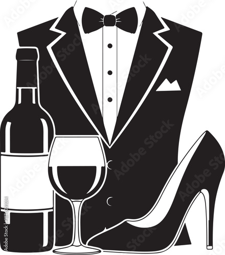 Black and white of tuxedo jacket wine bottle glass and heel shoe