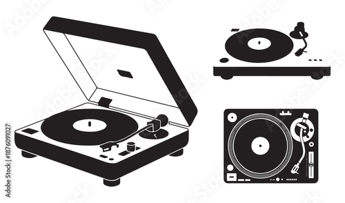 Vinyl Record Player Turntable Vector Silhouette Set, DJ Music Equipment Black Design.