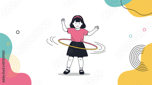 Happy young girl playing with a hula hoop on a colorful abstract background featuring playful geometric shapes and dots.