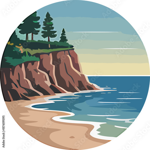 Coastal beach landscape with towering cliffs evergreen trees ocean waves and sand illustration