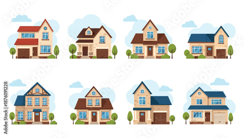 Set of eight different modern suburban house designs with two floors, garages, and small gardens on a white background.