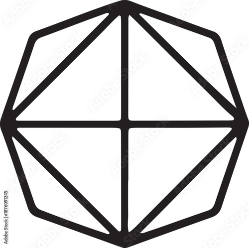 Geometric octagonal symbol with inner cross and triangular facets in minimalist line art style