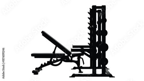 Silhouette of adjustable weight bench with dumbbells in gym