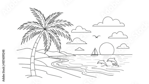 Black and white line art of a tropical beach sunset scene with a palm tree, ocean waves, leaping dolphins, and sailboat.