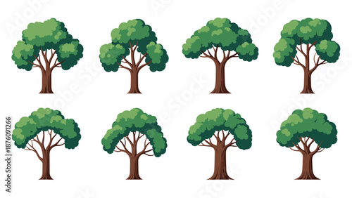 Collection of eight diverse green leafy trees with sturdy brown trunks in a clean flat design style for forest illustrations.