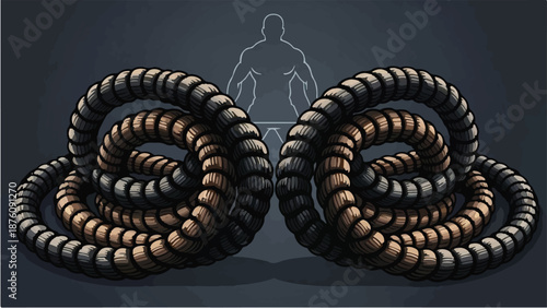 Intricate rope coils forming human silhouette on dark background