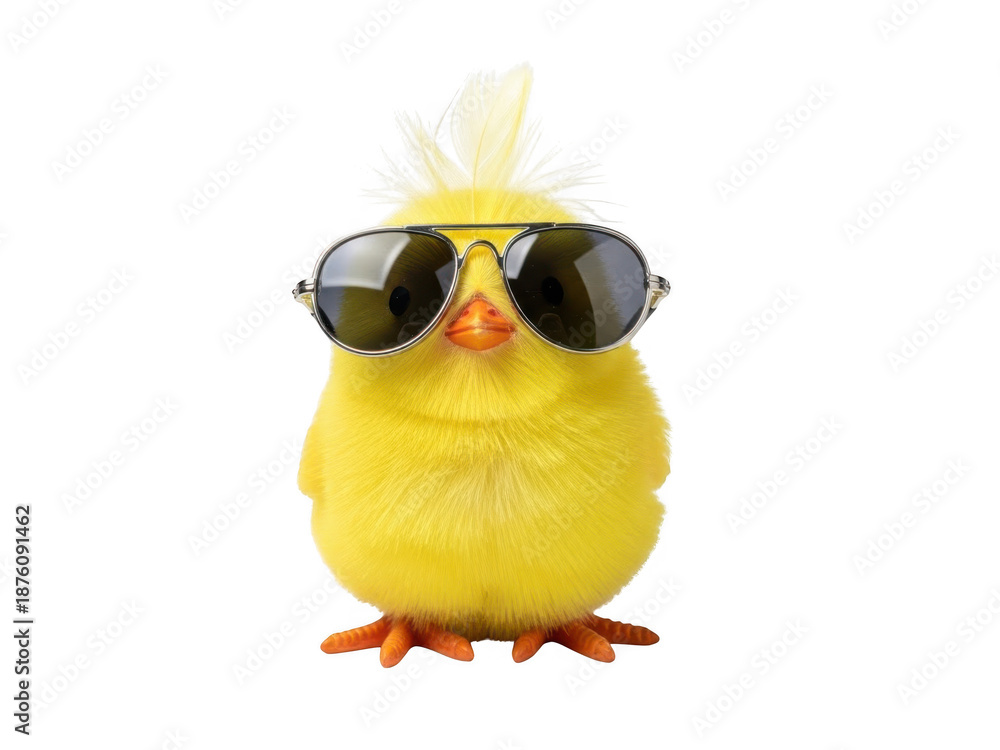 Fototapeta premium Funny yellow chick wearing sunglasses with a stylish feather hairstyle isolated on transparent background