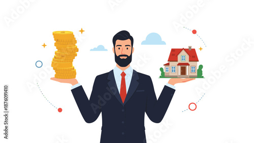 Businessman balancing a stack of gold coins and a model house on his hands representing property investment and wealth.