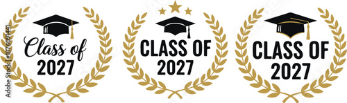 Graduation badges of 2027 with laurel wreaths and graduation caps