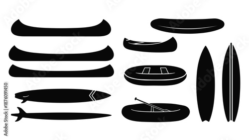 Collection of various surfboard silhouettes on white background