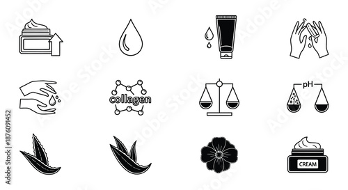 Black and white icons related to skincare and beauty products