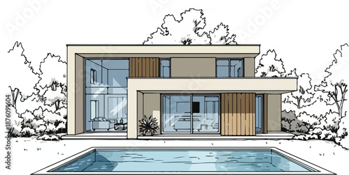 Modern house with pool and wooden accents two-story