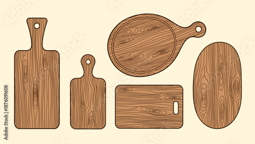 Five different wooden cutting board shapes with realistic wood grain textures and holes for kitchen use on a light background.
