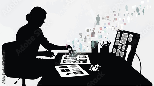 Creative professional brainstorming with papers and computer