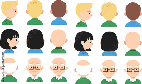 Male and Female Character Head Views Set Showing Front, Back and Side Angles Flat Vector Illustration