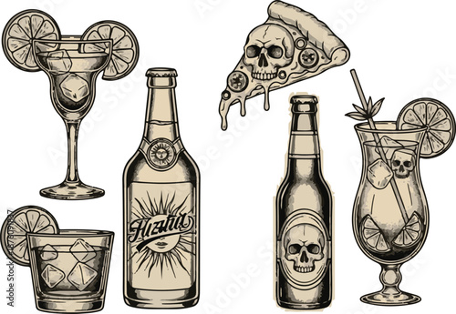 Tattoo of drinks and food with skulls cocktails bottle