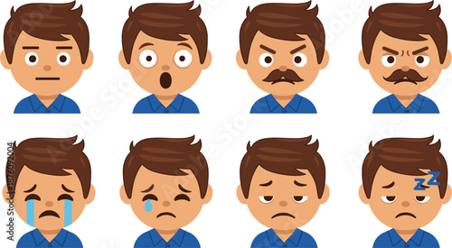 Male Emoji Face Expression Set Showing Emotions, Moods, Reactions, Cartoon Avatar Icons Collection