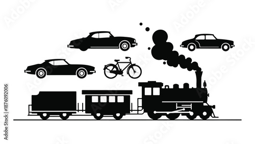 Vintage steam train with cars and bicycle on white background