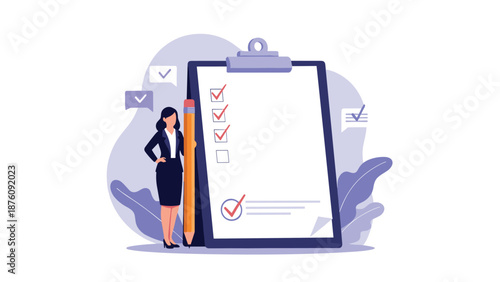 Professional businesswoman standing next to a giant clipboard with a checklist and pencil to represent task management.