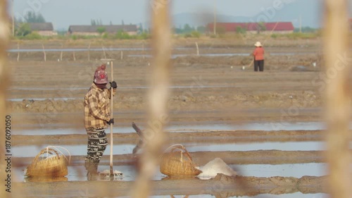 Hardworking female farmers in Kampot salt pans at sunrise, Cambodia