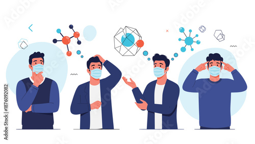 Four men wearing medical face masks with different scientific molecular and geometric thought bubbles representing research.