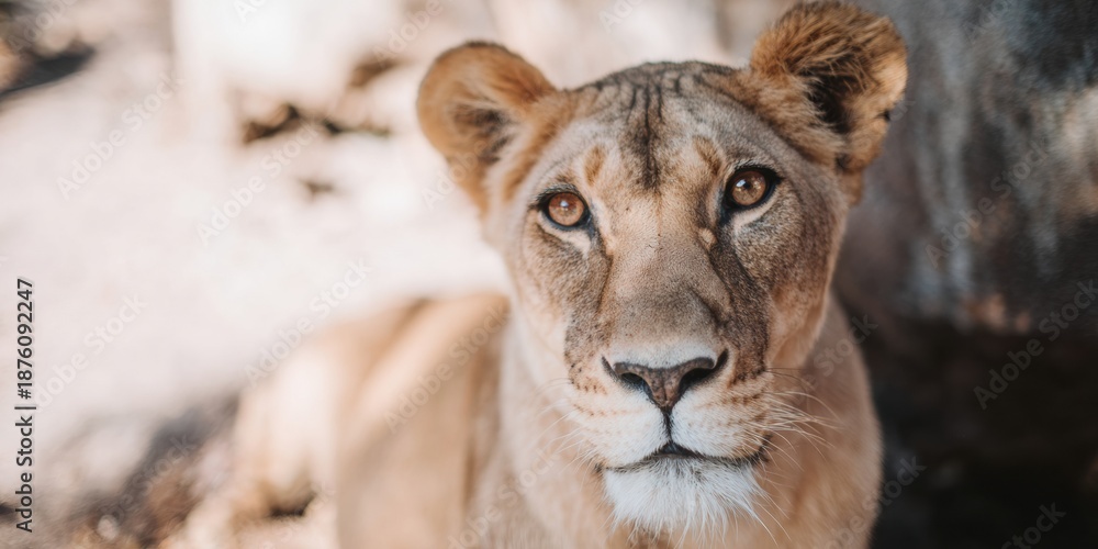 Obraz premium Attentive Lioness Headshot Professional Wildlife Royalty Portrait for Education and Environmental Awareness Marketing Content
