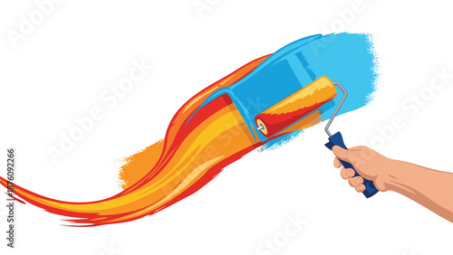 Hand holding a paint roller creating a broad stroke of vibrant orange and blue paint colors in a creative wave motion.