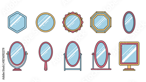 Collection of ten different mirror styles including wall, hand, and standing mirrors in various geometric and ornate frames.