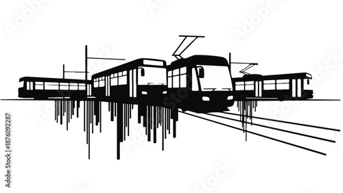 Modern tram silhouette traveling on city tracks