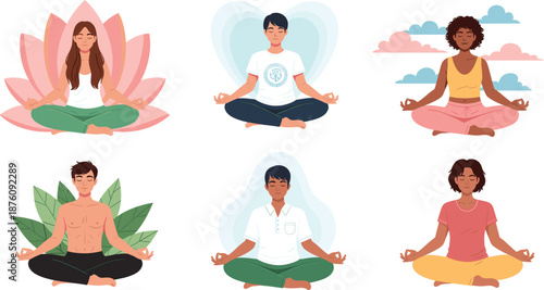 Meditation and Yoga Practice Vector Illustration Set with Diverse People Sitting in Lotus Pose for Mindfulness and Wellness