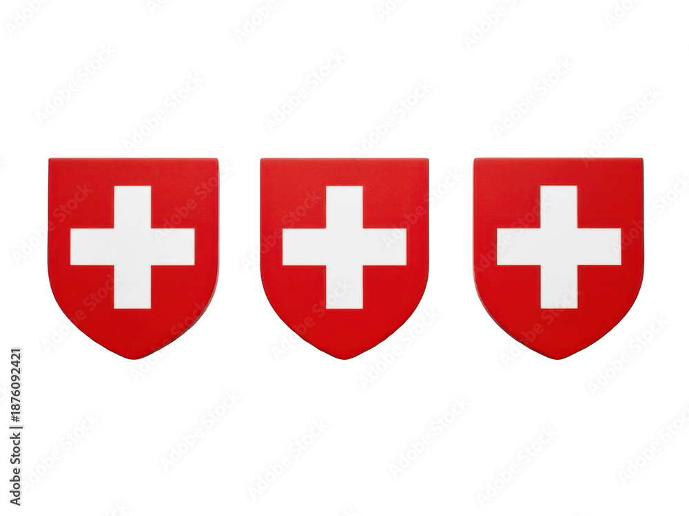 Obraz premium Three red shields with white crosses symbolizing protection and safety isolated on transparent background