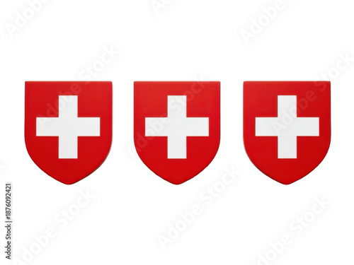 Three red shields with white crosses symbolizing protection and safety isolated on transparent background