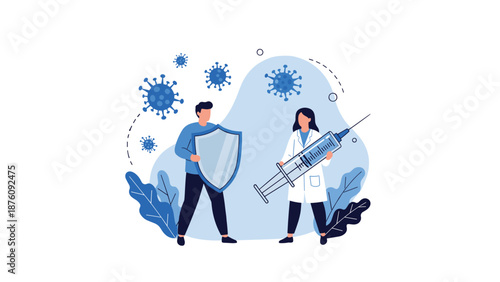 Medical professionals with a shield and syringe protecting people from virus particles to represent vaccination and immunity.